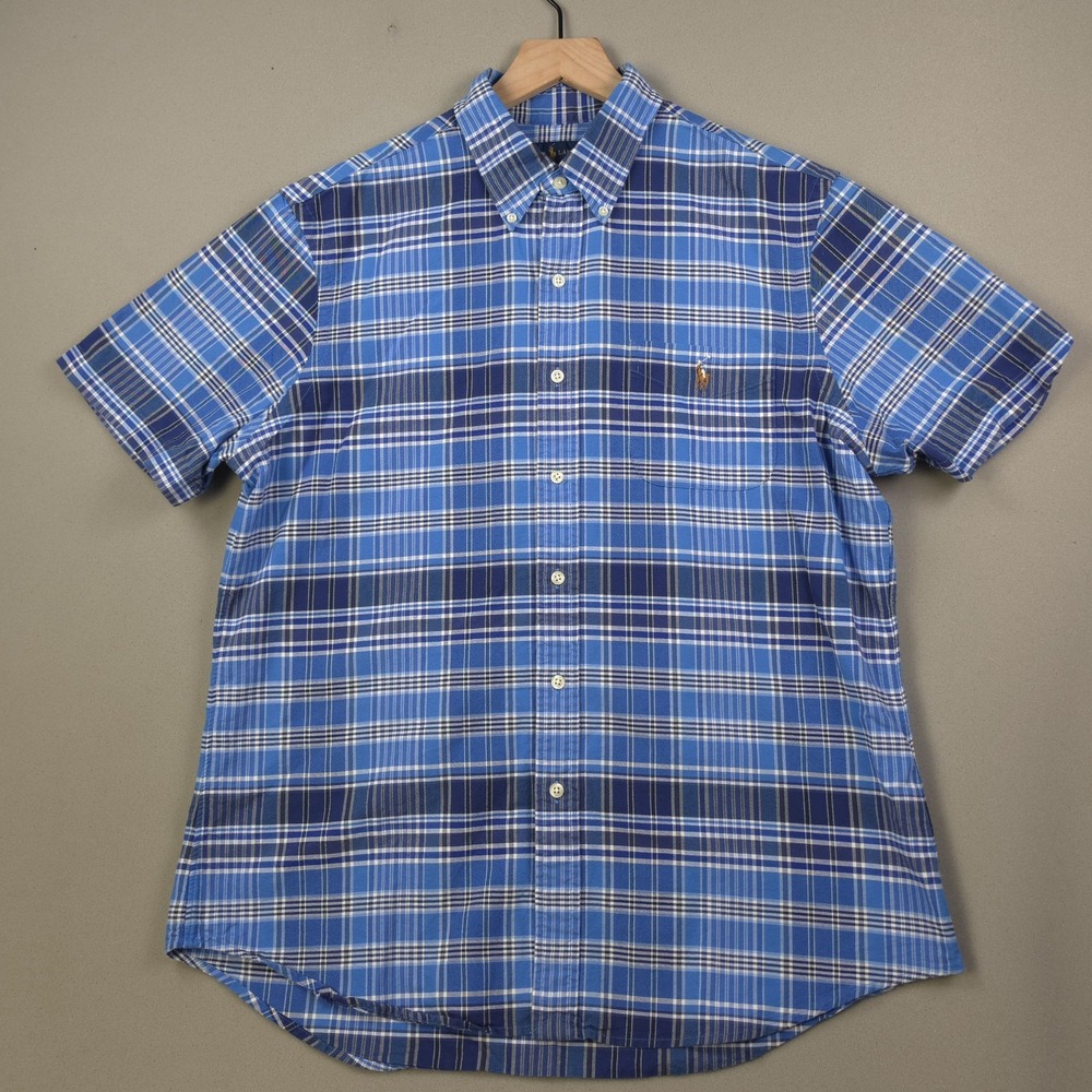 Ralph Lauren Shirt Mens L Blue Plaid Short Sleeve Button Down Pocket Pony Preppy